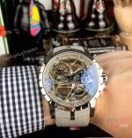 Copy Roger Dubuis Excalibur Flying Tourbillon Watches SS Gray Leather Strap